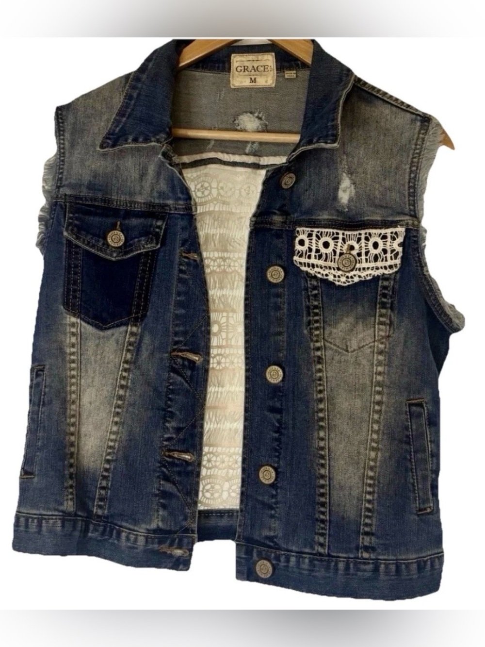 Grace in LA Denim Lace-Up Vest Women’s Medium Western Y2K Jean Rodeo Vest
